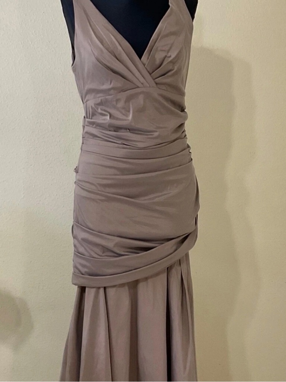 THEIA TAUPE FORMAL, Prom, Gala, Ball RUCHED GOWN V NECK  sz. 14